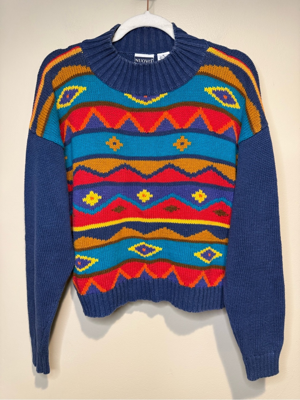 Vintage Nuovo Colorful Aztec Southwestern Print Mock Neck Sweater Medium 90s